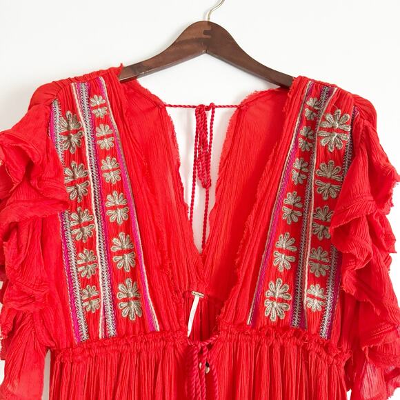 FREE PEOPLE Bali Will Wait For You Boho Embroidered Maxi Dress Red Medium M - Picture 8 of 16
